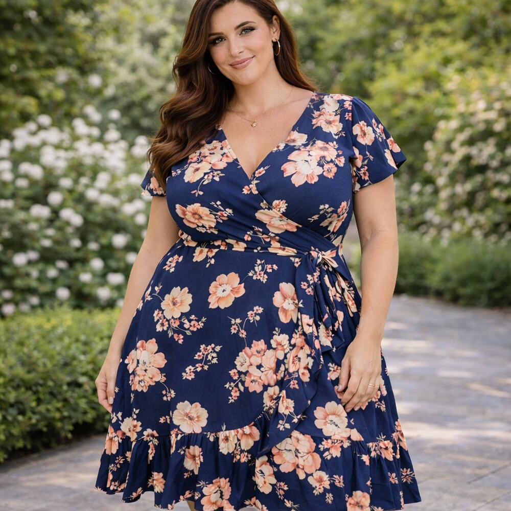 C22 FADED ROSE Navy Blue Pink Floral Dress XL